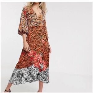 Midi Wrap Floral/Leopard Print Dress